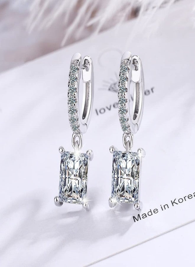 Izpack Square Diamond Dangle Drop Small Hoop Earrings Sterling Silver Plated Crystal Cubic Zirconia Dangling Huggie Hoops Earring Stud Delicate Jewelry Gifts for Women Hypoallergenic - Image 3
